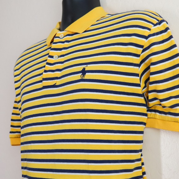 Polo Ralph Lauren Polo Shirt Mens L Yellow Navy Blue White Striped Cotton Pique - Picture 6 of 10